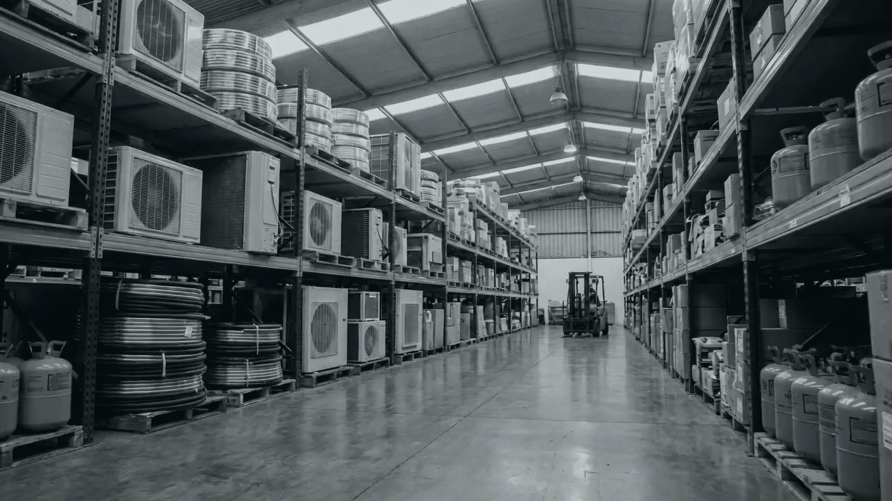 Almacén de distribución HVACR con refrigerantes y equipos