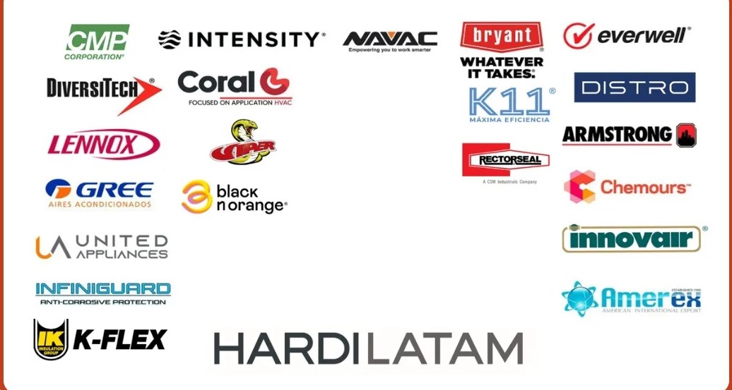 Marcas y aliados miembros de HARDI LATAM: CMP, Intensity, NAVAC, Bryant, Everwell, DiversiTech, Coral, K11, Distro, Lennox, Viper, RectorSeal, Armstrong, Gree, Black n Orange, Chemours, United Appliances, Infiniguard, Innovair, Amerex, K-Flex